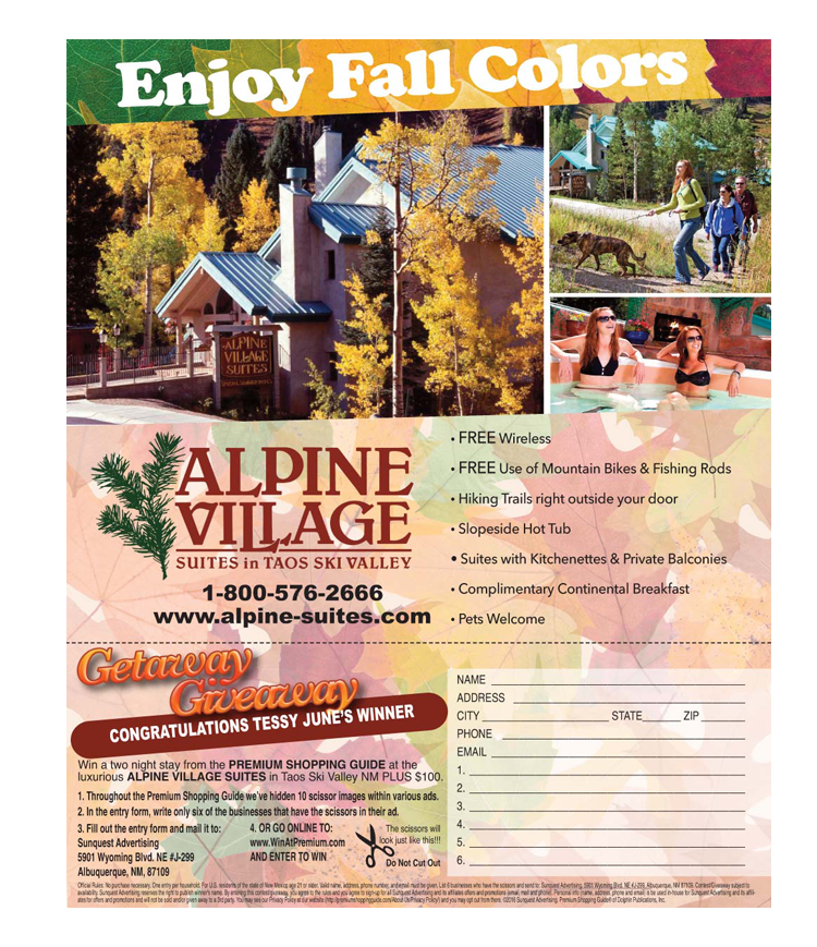 alpine village taos getaway giveaway advertisement picture
